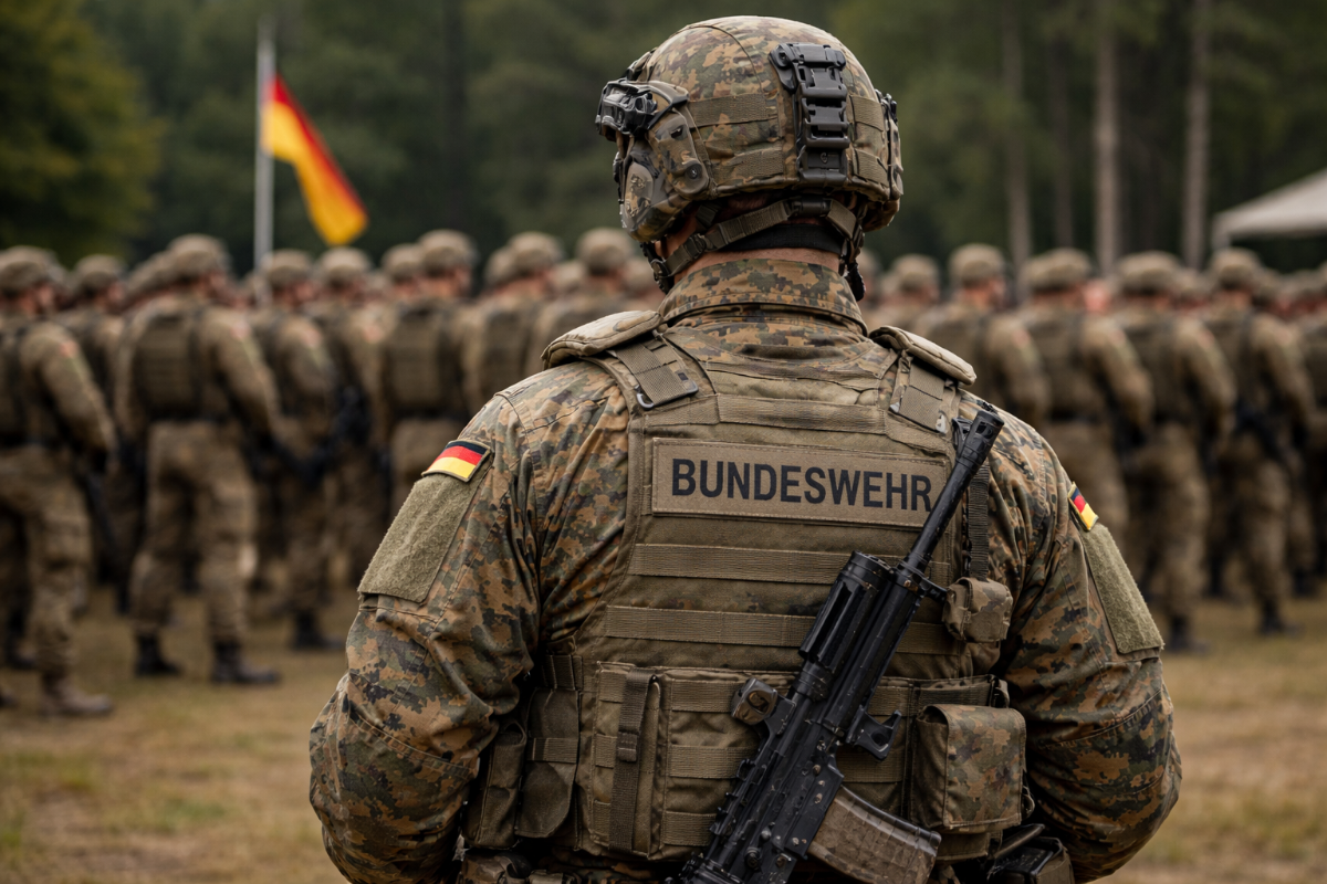 Bundeswehr-Soldat vor Deutschlandfahne